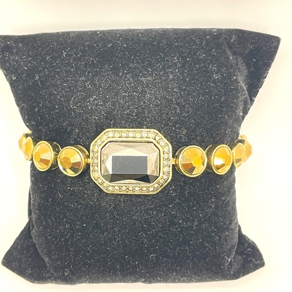Heidi Daus Signed Gold Tone Metallic Amber Hematite Rhinestone Bracelet 8" - Picture 1 of 9